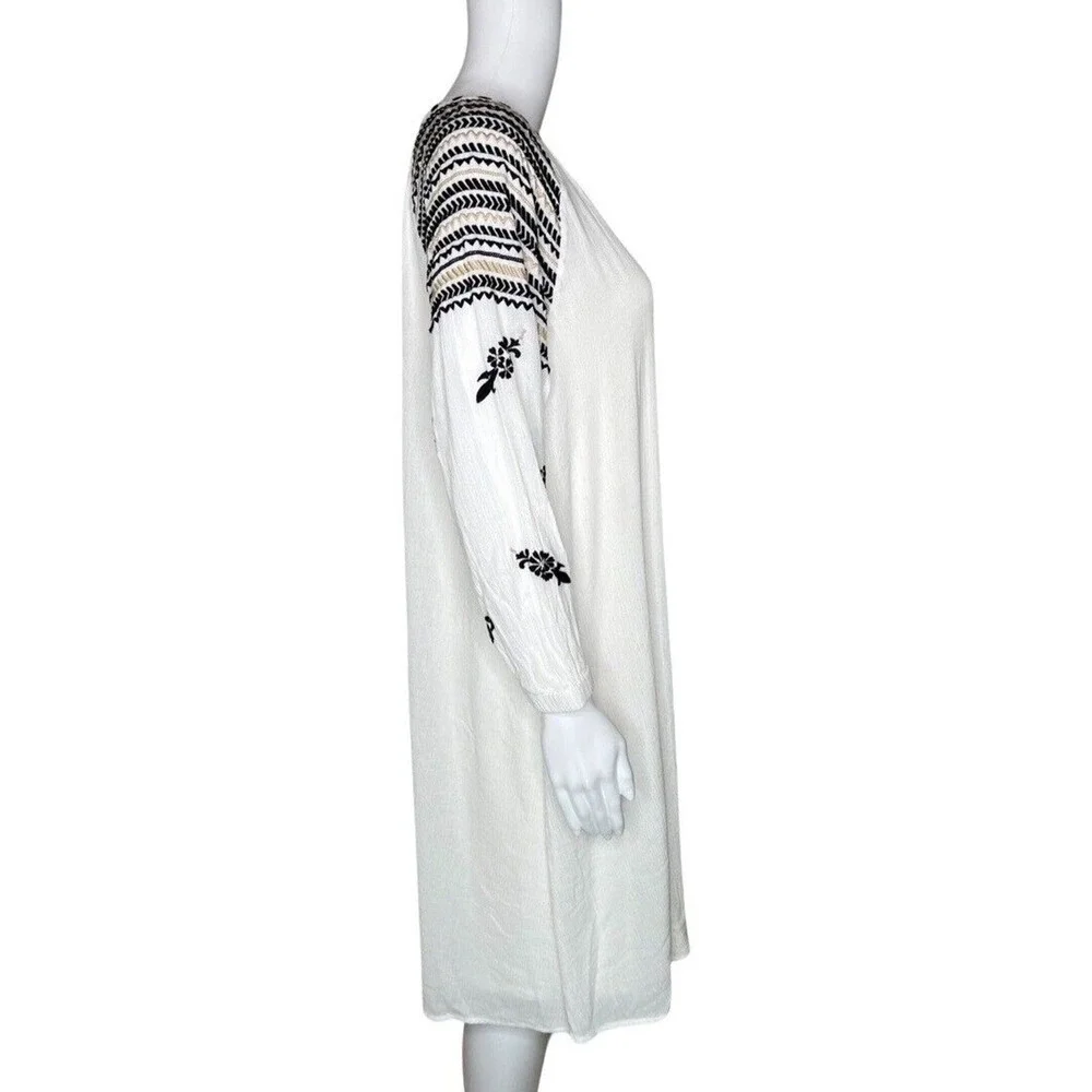 Chicos Dress Womens 6 White Black Embroidered Tunic Shift‎ Boho Bohemian Peasant